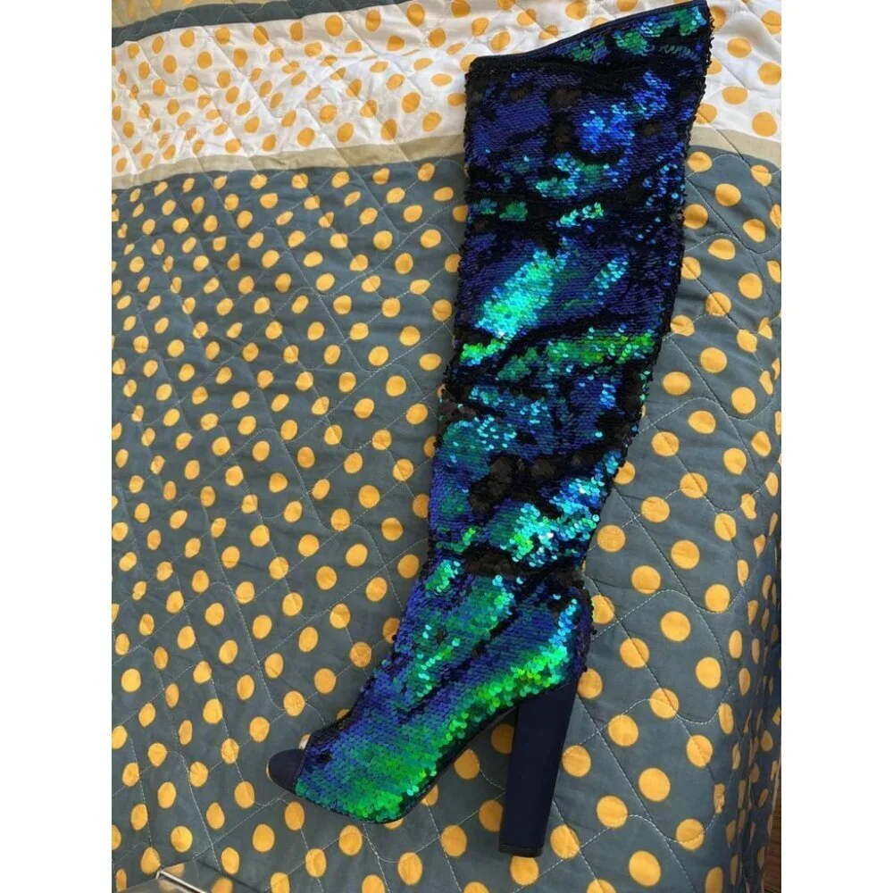 🆕Women Blue Sequin Over The Knee High Party Prom Open Toe Chunky High Heel Boot